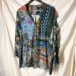 Johnny Was silk bordered multi print top